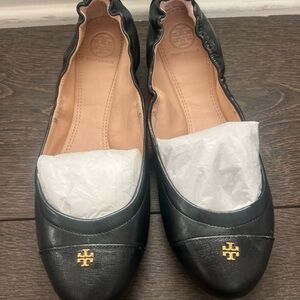 Tory Burch Black Leather Flats with Gold Logo